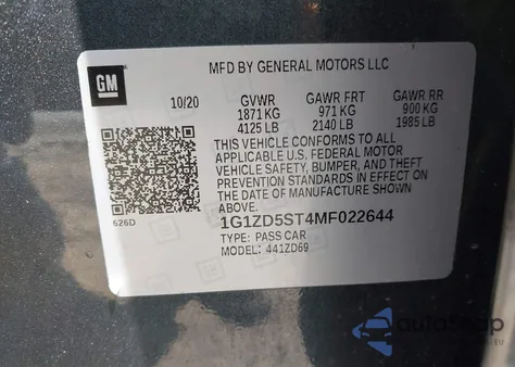 2021 Chevrolet Malibu Fwd Lt z USA, uszkodzony, nr VIN 1G1ZD5ST4MF022644